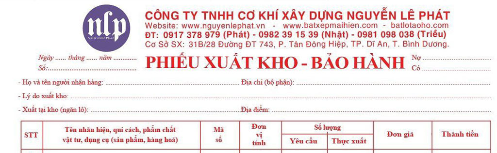 Phiếu bảo hành bạt công ty Nguyễn Lê Phát